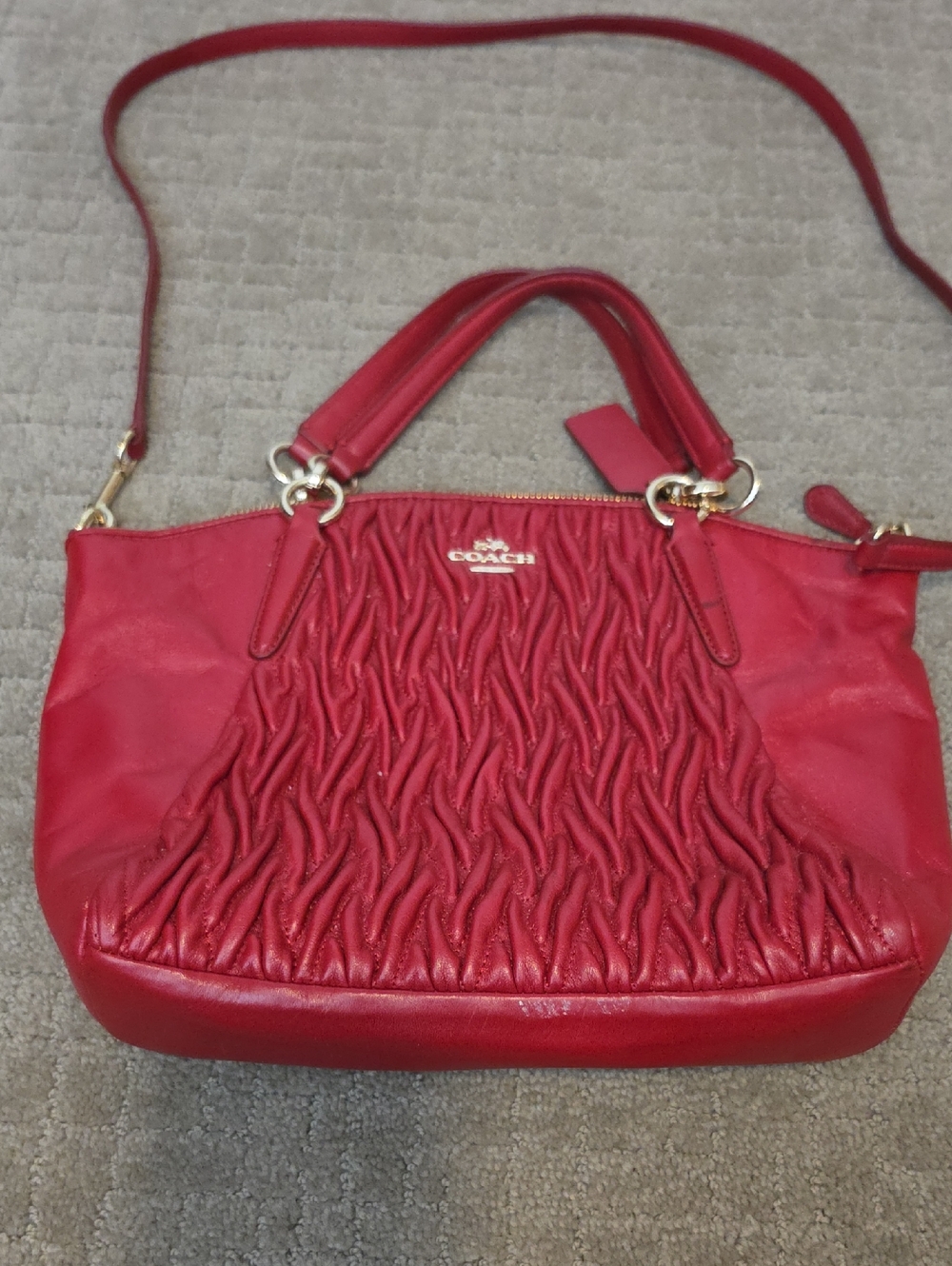 Coach Red Ruched Leather Satchel with Detachable Strap